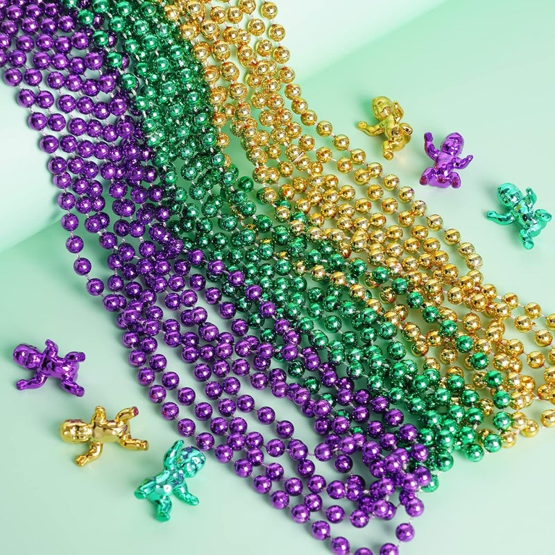 ZZYFGH Mardi Gras Bead Necklace 12 Pcs and Mini King Cake Babies 6 Pcs Metallic Gold Purple Green Party Costume Accessory - Image 4